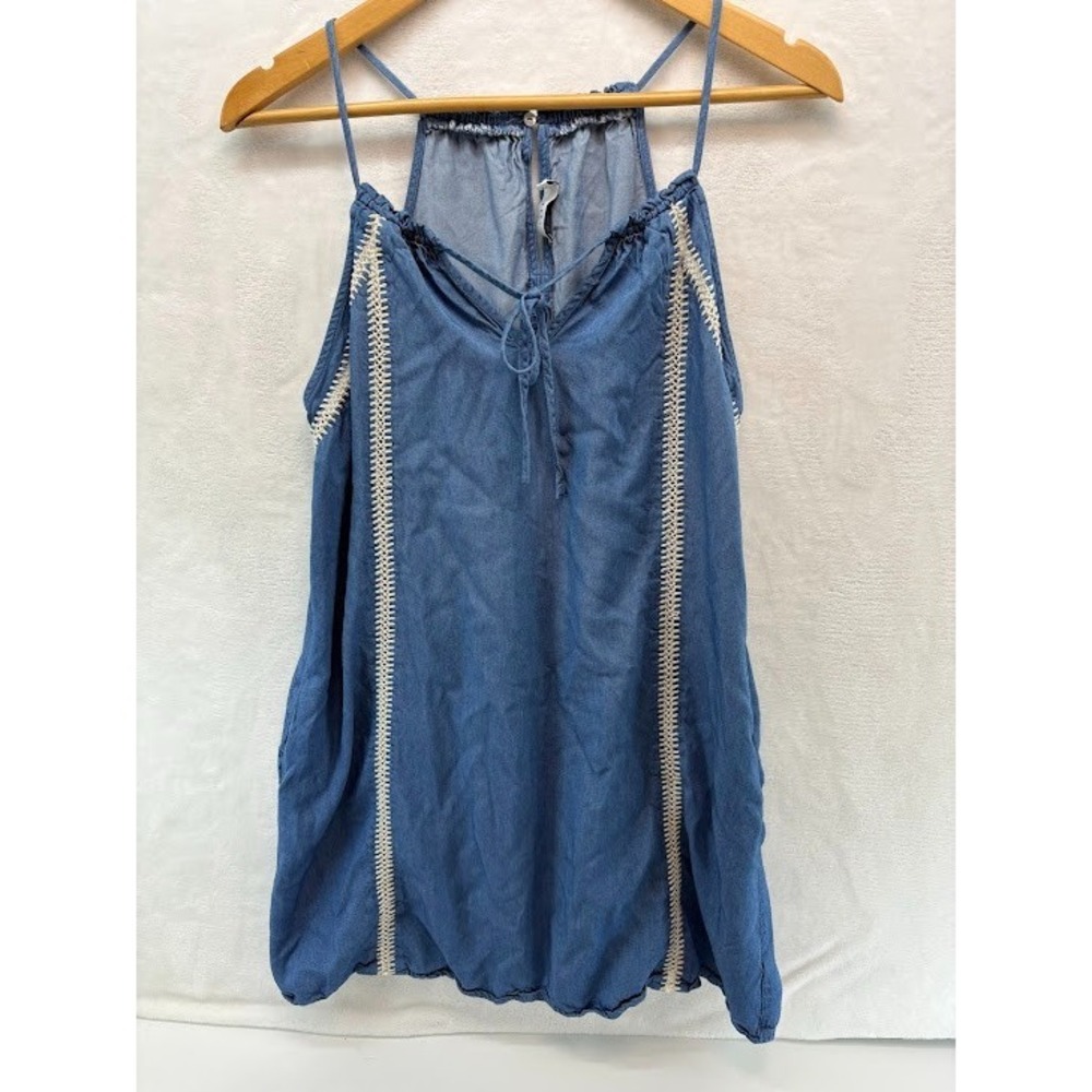 Lush Denim‎ Spaghetti Strap Dress With Crocheted Details Size Medium Cowgirl